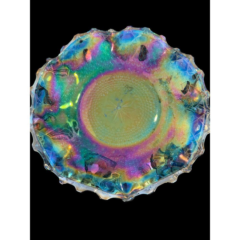 Vintage Carnival Glass Iridescent Scalloped Bowl Blue Green Starburst